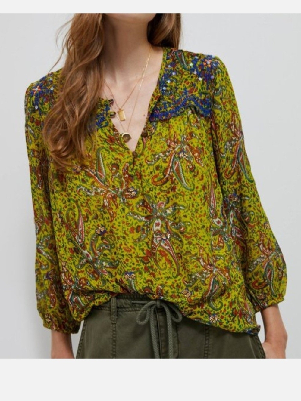 Anthropologie Priya Beaded Boho V-Neck Paisley Blouse in Olive Top Size M Green